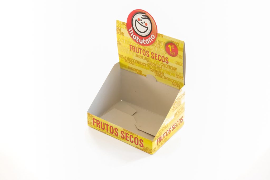 Expositor taulell fruits secs en cartró FSC/PEFC. CMYK offset, tintes vegetals. Sistema muntatge automàtic. Plegat i encolat, muntatge molt ràpid i fàcil.