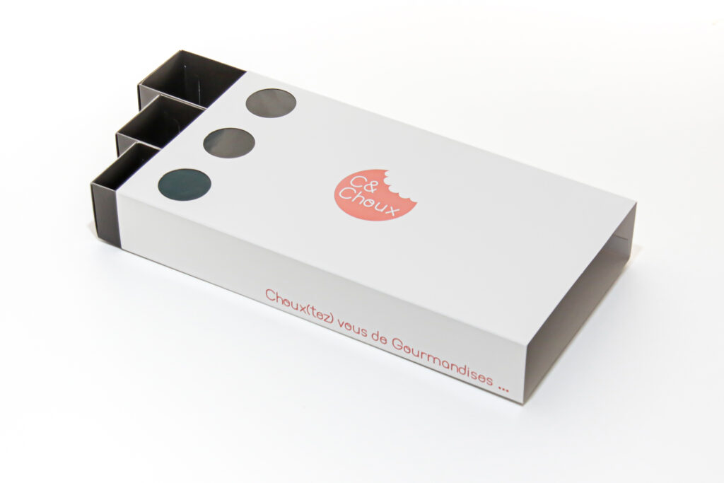 Packaging per a macarons i galetes amb 3 cubetes i finestra PET