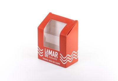 Caixa cartró prismàtica amb finestra PET per a tomàquets secs